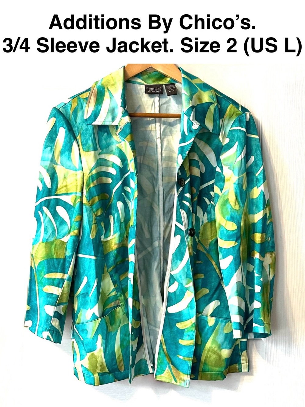 Chico’s Teal & Green 3/4 Sleeve Jacket Button Down Top Monstera Leaf Print